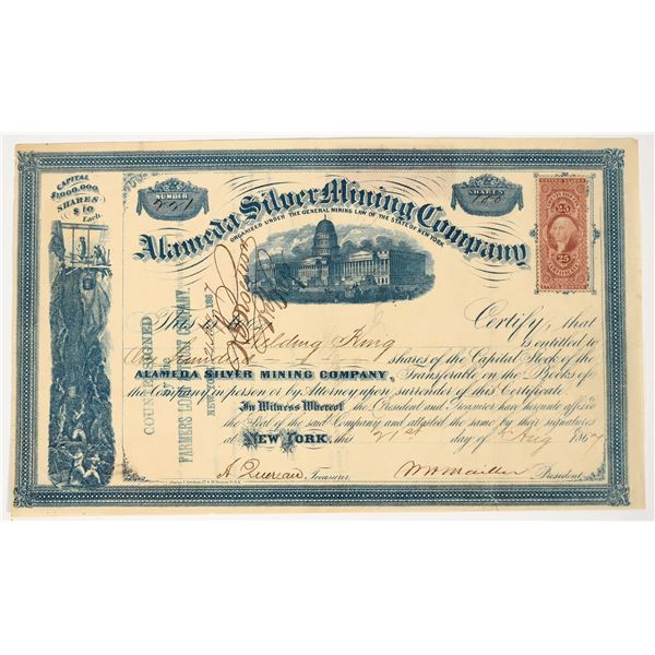 Alameda Silver Mining Company Stock Certificate, Crescent City, Nevada, 1867 [204907]