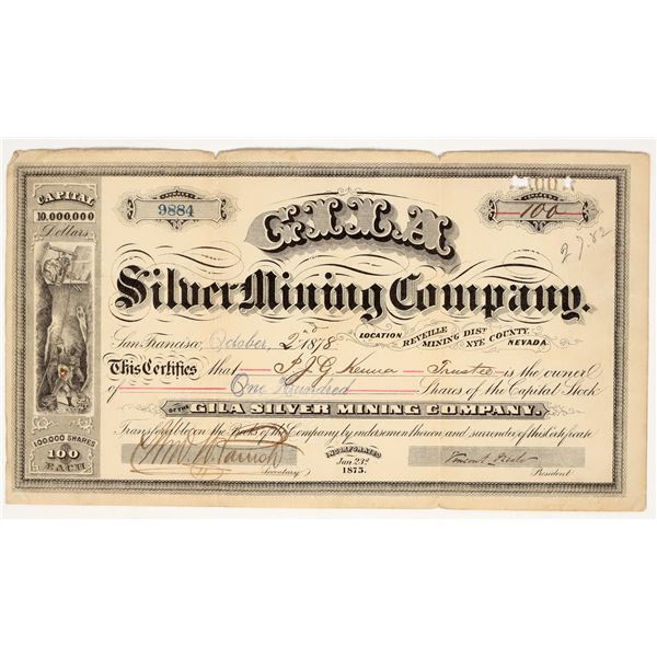 Gila Silver Mining Company Stock Certificate, 1878 [203582]