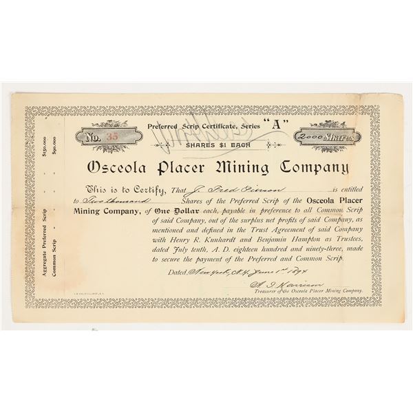 Osceola Placer Mining Company Stock Certificate 1894 [204178]