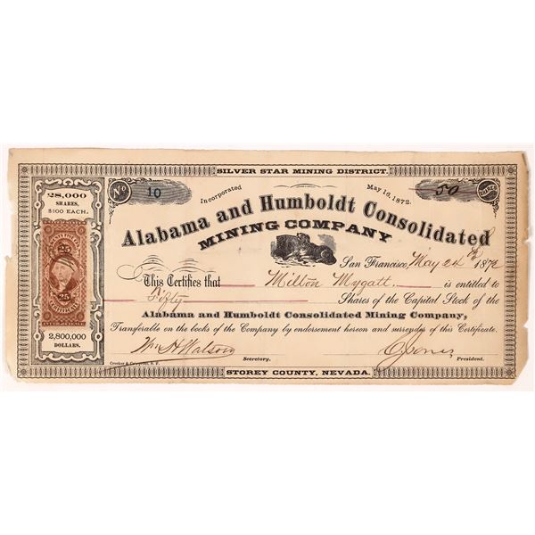 Alabama & Humboldt Consolidated Mining Co. Stock Certificate 1872 [163722]