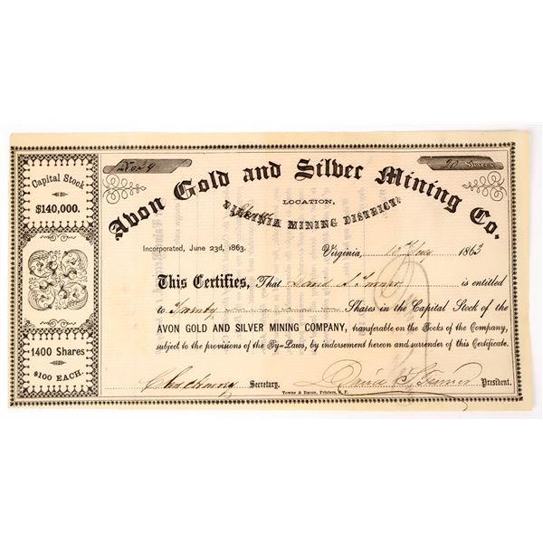 Avon Gold & Silver Mining Co. Stock Certificate, 1863, Nevada Territory [198146]