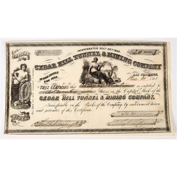 Cedar Hill Tunnel & Mining Company Stock Certificate, 1861, Nevada Territory [198144]
