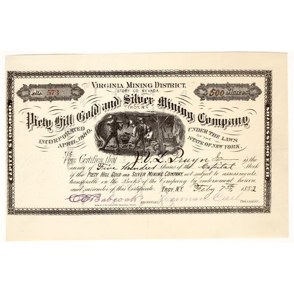 Piety Hill Gold & Silver Mining Company Stock Certificate, 1882 [195865]