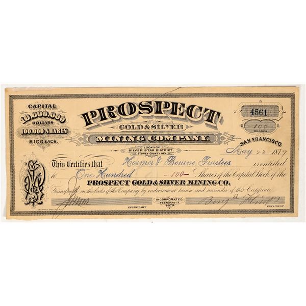 Prospect Gold & Silver Mining Co. Stock Certificate, Comstock, 1877 [195906]