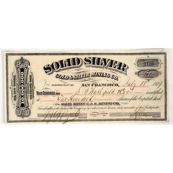 Solid Silver Gold & Silver Mining Co. Stock Certificate, 1879 [201090]