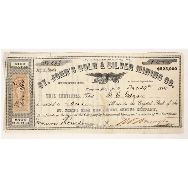 St. John's Gold & Silver Mining Co. Stock Certificate, Comstock 1864 [203943]