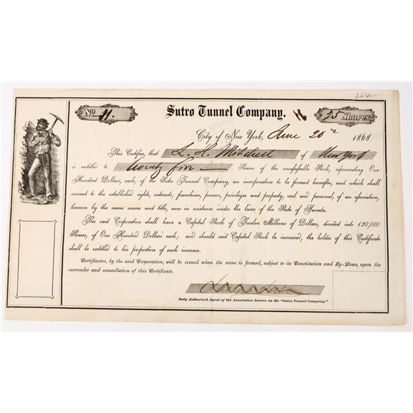 Sutro Tunnel Company Stock Signed by Adolph Sutro, 1868 [205388]