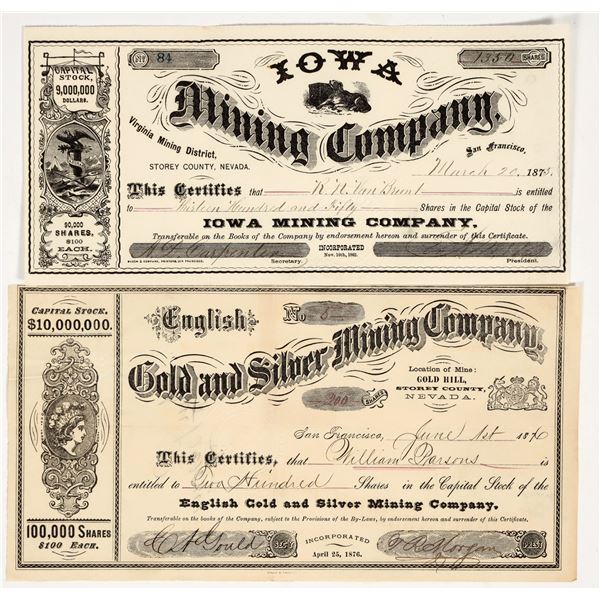Two Different 1870s Comstock Lode Mining Stock Certificates [203533]
