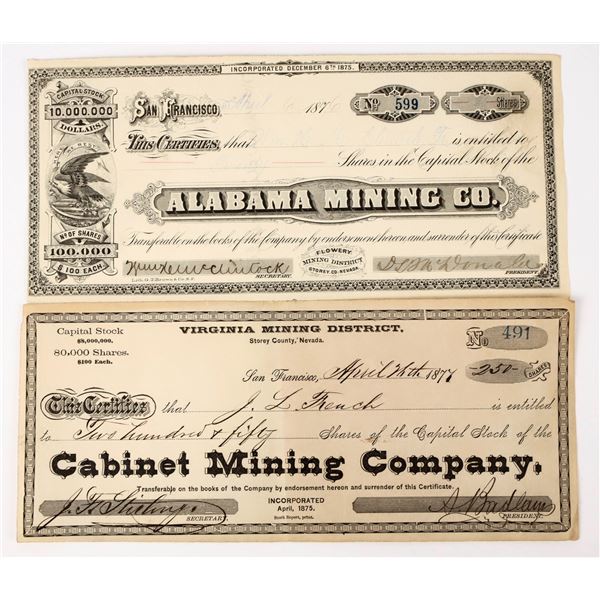 Two Different 1870s Virginia City, Nevada Mining Stock Certificates [198145]