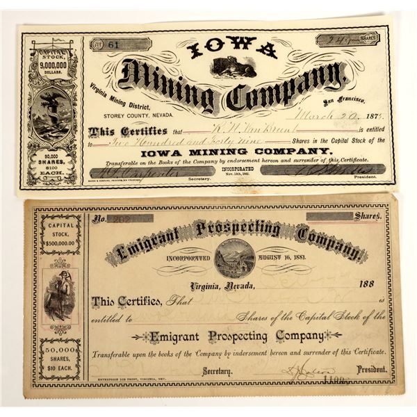 Two Different Virginia City, Nevada Mining Stock Certificates [204758]