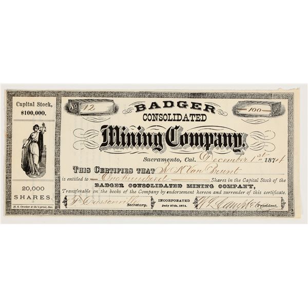 Badger Consolidated Mining Company Stock Certificate, 1875 [205359]