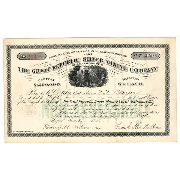 Great Republic Silver Mining Company Stock Certificate, 1881 [195368]
