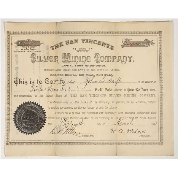 San Vicente Silver Mining Co. Stock Certificate, Silver City, NM, 1888 [204147]