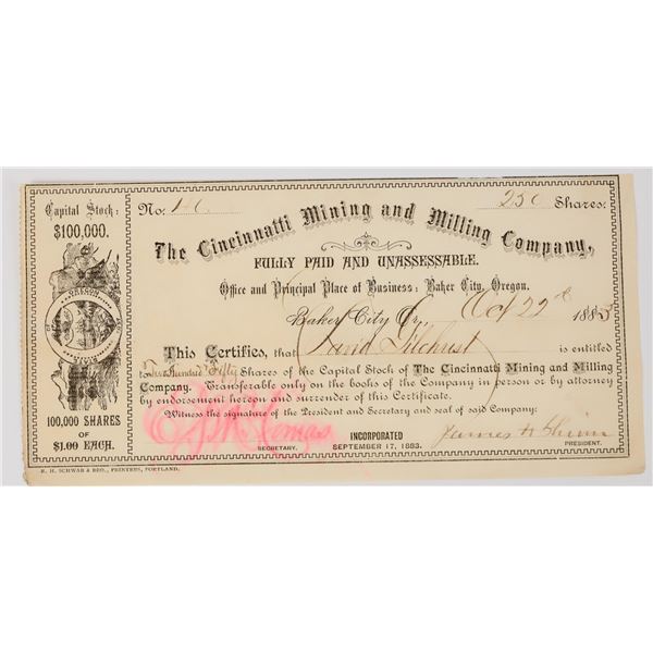 Cincinnati Mining & Milling Company Stock Certificate, 1883 [198102]
