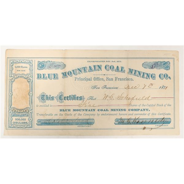 Blue Mountain Coal Mining Company Stock Certificate #2, 1871 [197931]