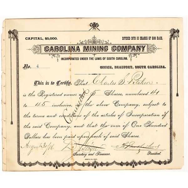 Carolina Mining Company Stock Certificate, 1886 [195868]