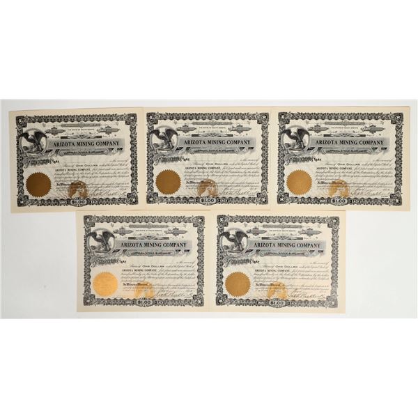 Arizota Mining Company Stock Certificates Signed by Seth Bullock, Deadwood Sheriff (5) [201471]