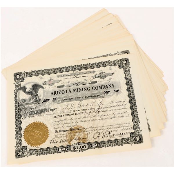 Arizota Mining Company Stock Certificates Signed by Seth Bullock, Deadwood Sheriff  (25) [206662]