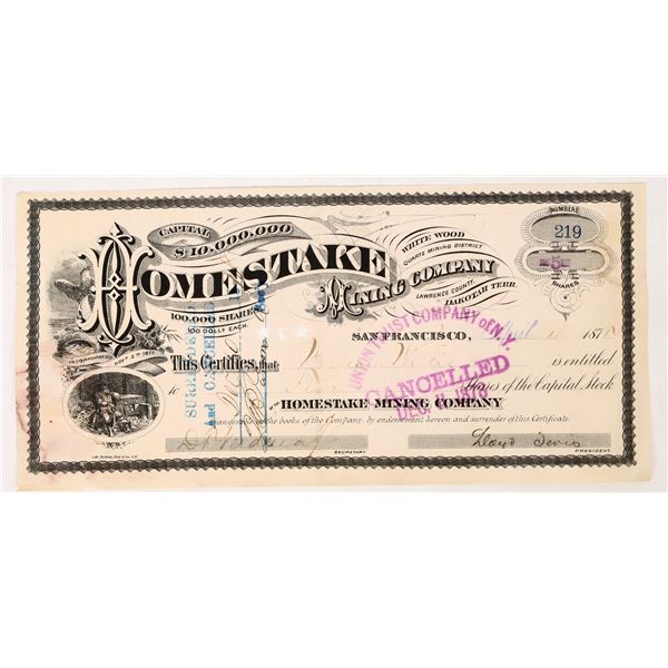 Homestake Mining Company Stock Certificate, First Issue, Signed by Tevis & Haggin [206669]