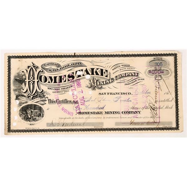 Homestake Mining Company Stock Certificate, 1st Issue, 1878 [206668]