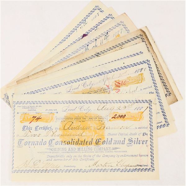 Tornado Cons. Gold & Silver Mining Stocks Signed by Seth Bullock & Others (8) [206660]
