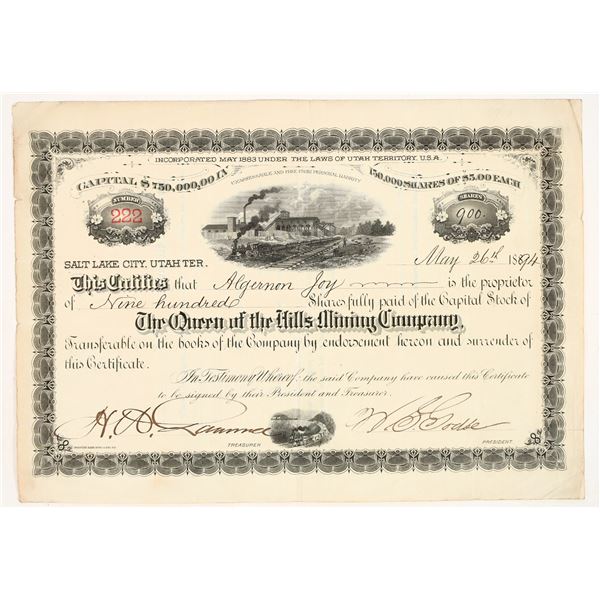 Queen of the Hills Mining Company Stock Certificate, 1894, WS Godbe [204830]