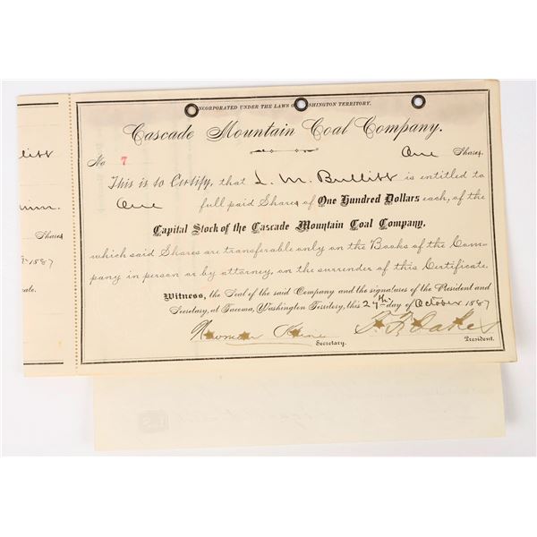 Cascade Mountain Coal Company Stock Certificate, 1887 [198134]