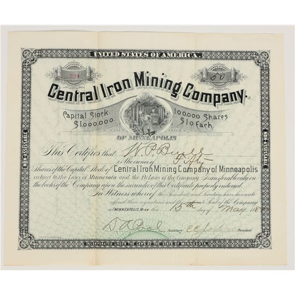 Central Iron Mining Company Stock Certificate, 1887 [205258]