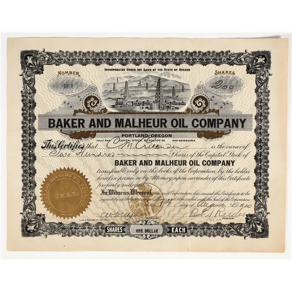 Baker & Malheaur Oil Company Stock Certificate, 1910 [201699]