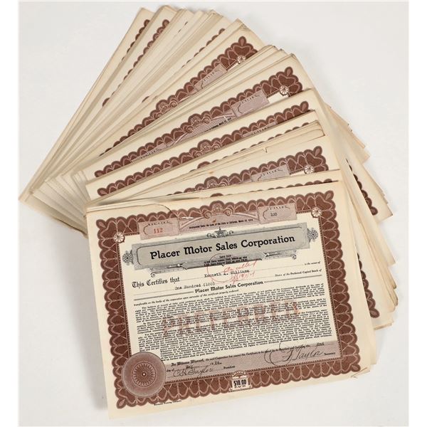 Placer Motor Sales Corp. Stock Certificates (200+) [205624]