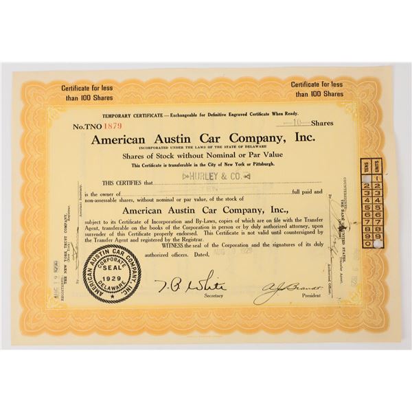 American Austin Car Company, Inc. Stock Certificate [197955]