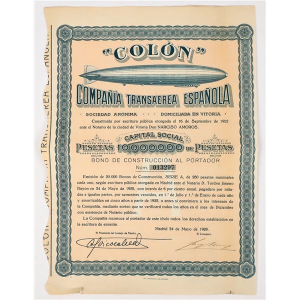 Colon Compania Transaerea Espanola Bond Certificate c.1922 [206346]