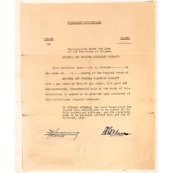 Arizona and Swansa Railroad Temporary Stock, 1930, Rare [180753]