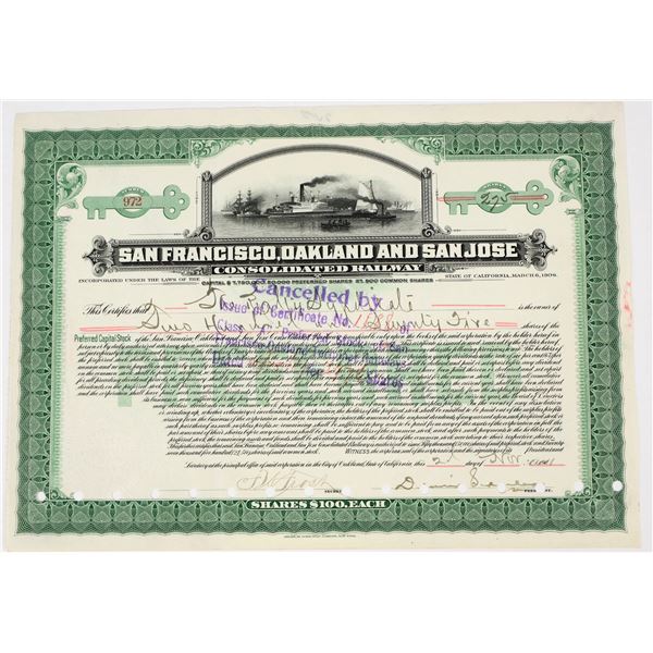 San Francisco, Oakland & San Jose Consolidated Railway Co. Stock Certificate, 1911 [198018]