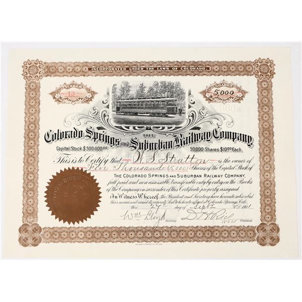 Colorado Springs & Suburban Railway Co. Stock Issued to WS Stratton, 1901 [198104]