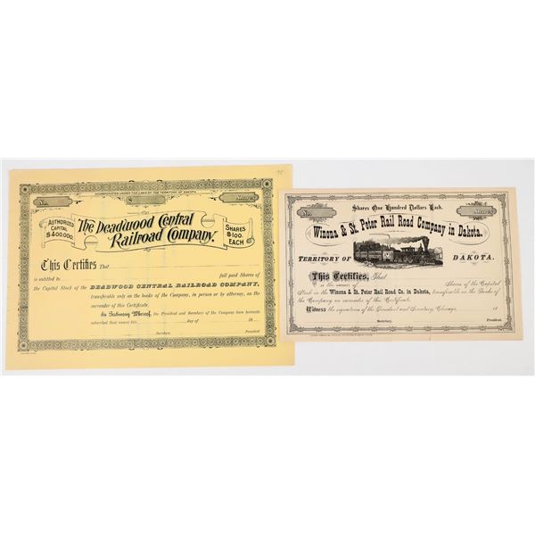 Two Different 19th Century Dakotas Railroad Stock Certificates [198114]