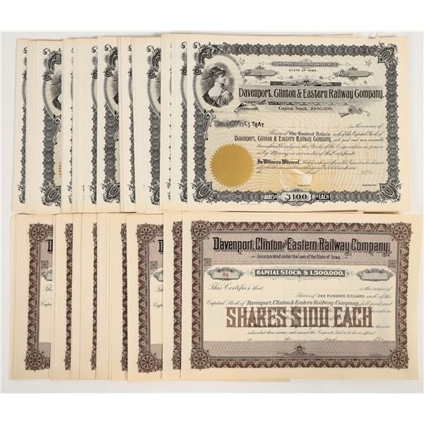 Davenport, Clinton & Eastern Railway Stocks (100) [205698]