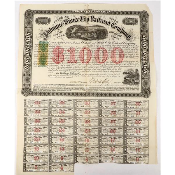 Dubuque & Sioux City Railroad Bond, 1867, Rare Imprinted Revenue [197979]