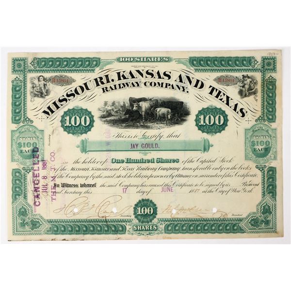 Missouri, Kansas, & Texas Railway Co. Stock Issued to & Signed by Jay Gould [197943]
