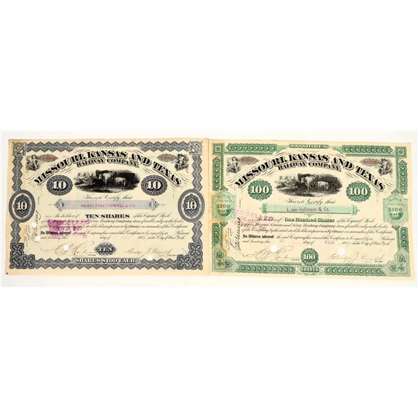 Missouri, Kansas and Texas Railroad Company Stock Certs. signed George Gould c.1887 (2) [206320]