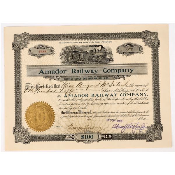 Amador Railway Company Stock Certificate, 1909, Montana Ghost Towns [198034]