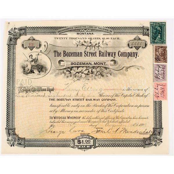 Bozeman Street Railway Company Stock Certificate, 1899, to Henry Elling [198019]