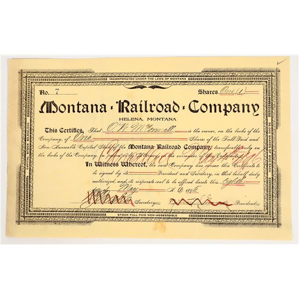 Montana Railroad Company Stock Certificate c. 1895 (1) [206310]