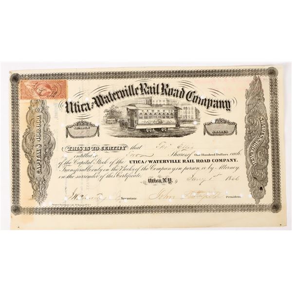 Utica & Waterville Railroad Co. Stock Signed by John Butterfield [197947]