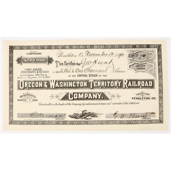 Oregon & Washington Territory Railroad Co. Stock Certificate, 1890 [198107]