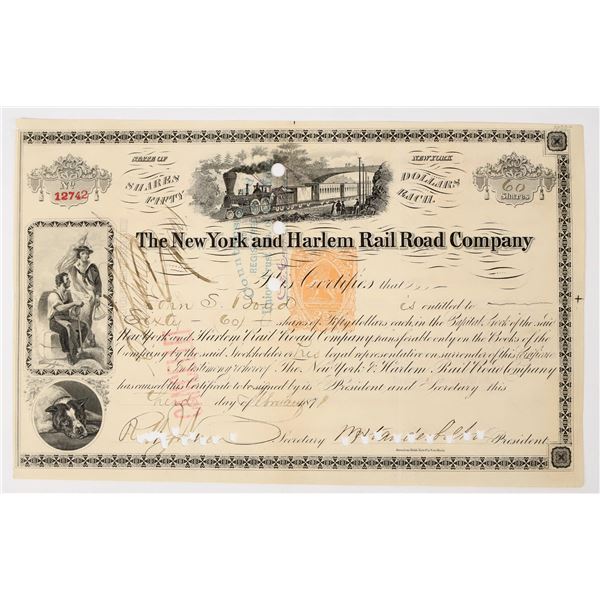 New York & Harlem Railroad Company Stock Signed by WH Vanderbilt, RN-T4 [197948]