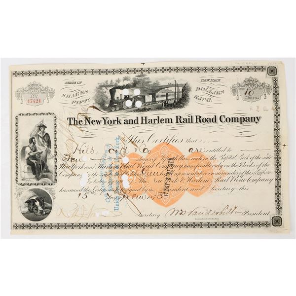 New York & Harlem Railroad Company Stock Signed by WH Vanderbilt, RN-U1 [205390]