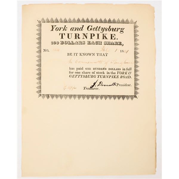 Pennsylvania York and Gettysburg Turnpike Stock [205308]