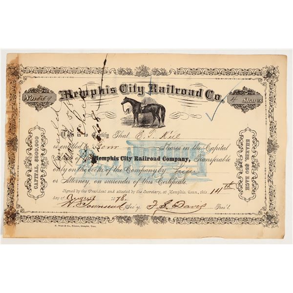 Memphis City Railroad Co. Stock Certificate c.1878 [206318]
