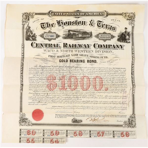 Houston & Texas Central Railroad Gold Bond, 1873, Signed by Dodge [207320]